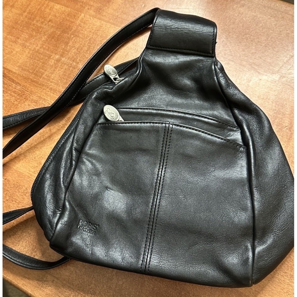 Pop's Black Leather Backpack Pockets Zip Medium Unisex‎ Minimalist